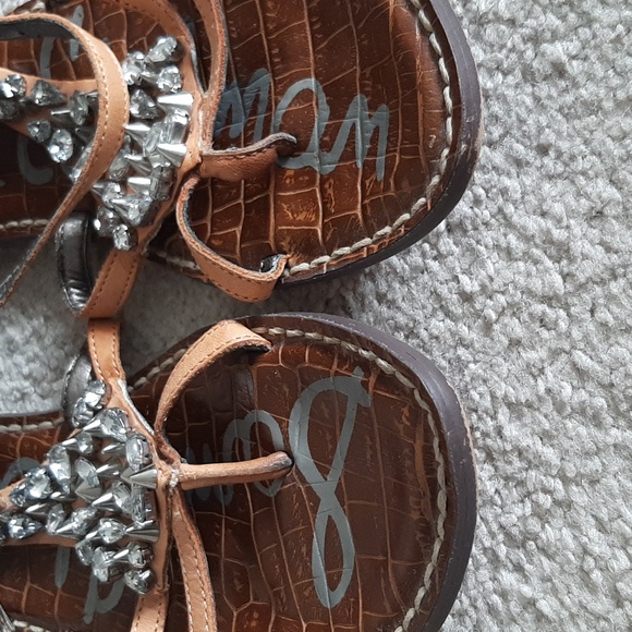 SAM EDELMAN Gorgeous Strappy, Tan Leather Sandals w Rhinestone & Stud Details - Picture 12 of 15